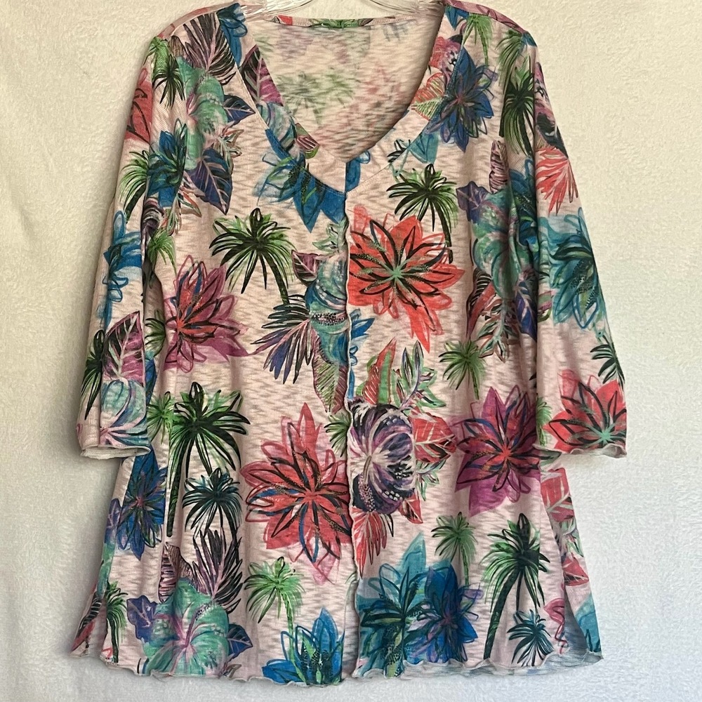 Floral Palm Print Knit Tunic‎ Top Blouse Colorful V Neck Casual Vacation Large